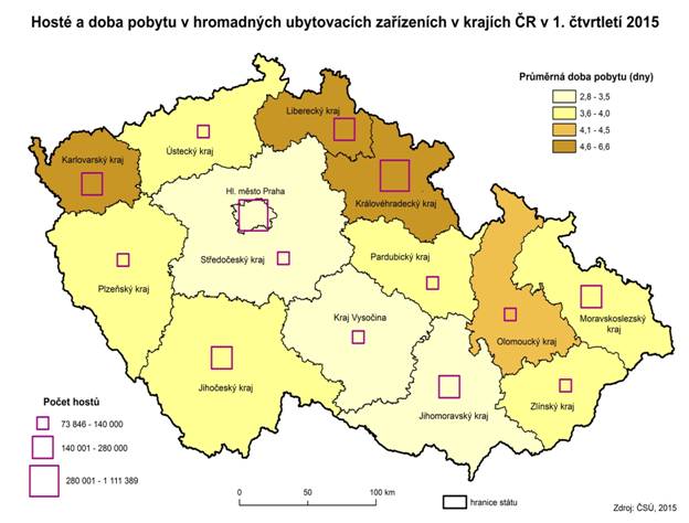 Kartodiagram: Hosté a doba pobytu v hromadných ubytovacích zařízeních v krajích ČR v 1. čtvrtletí 2015