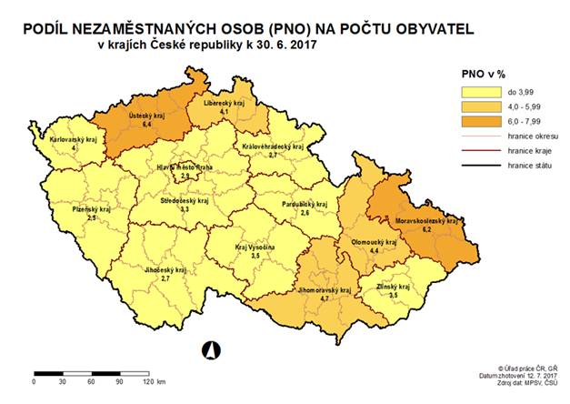Podíl nezaměstnaných osob na počtu obyvatel v krajích ČR k 30. 6. 2017