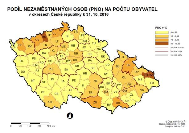 Podíl nezaměstnaných osob na počtu obyvatel v okresech ČR k 31.10.2016