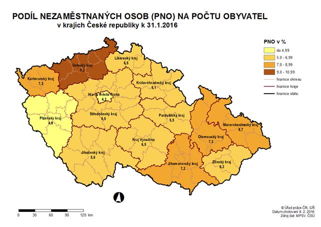Podíl nezaměstnaných osob na počtu obyvatel v krajích ČR k 31. 1. 2016