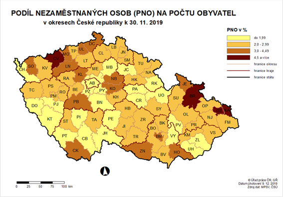Podíl nezaměstnaných osob na počtu obyvatel v okresech ČR k 30. 11. 2019