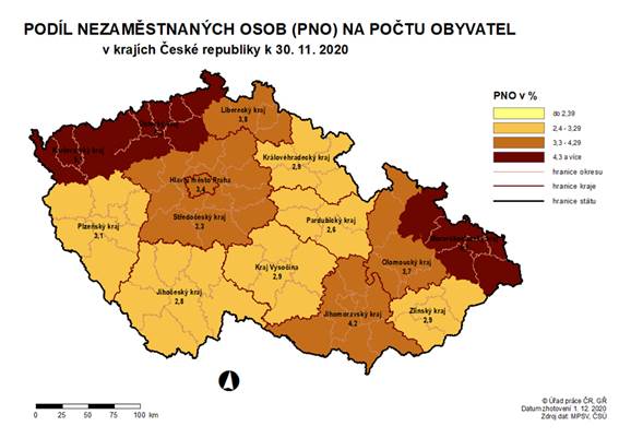 Podíl nezaměstnaných osob na počtu obyvatel v krajích ČR k 30.11. 2020