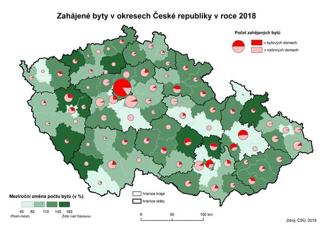 Kartogram: Zahájené byty v okresech České republiky v roce 2018