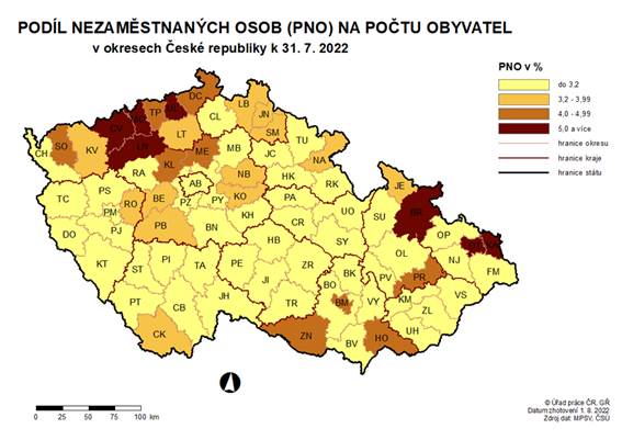 Podíl nezaměstnaných osob na počtu obyvatel v okresech ČR k 31. 7. 2023