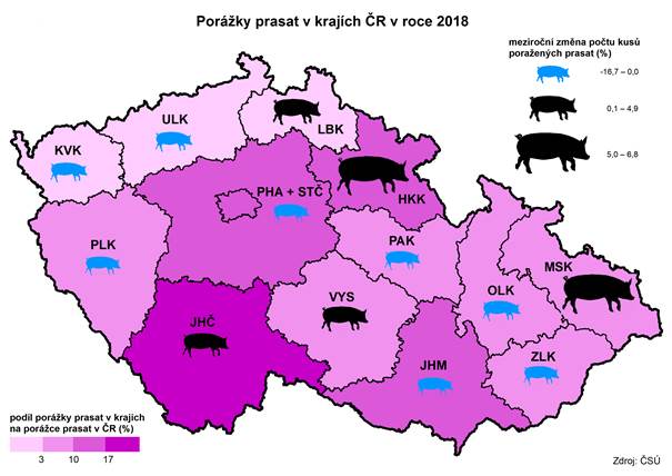Kartogram Porážky prasat v krajích ČR v roce 2018