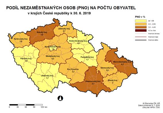 Podíl nezaměstnaných osob na počtu obyvatel v krajích ČR k 30. 6. 2019