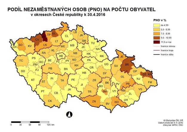 Podíl nazaměstnaných osob na počtu obyvatel v okresech ČR k 30.4.2016