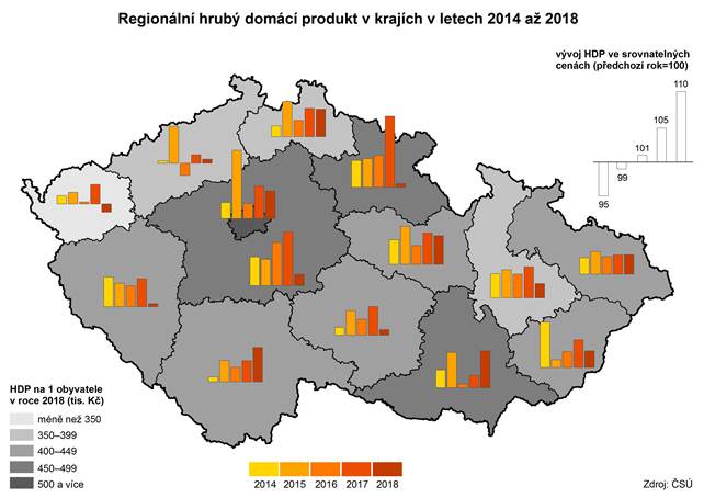 Kartogram: Regionální hrubý domácí produkt v krajích v letech 2014 až 2018