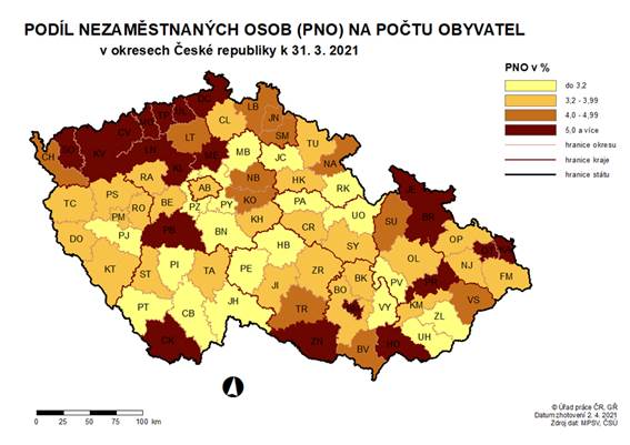 Podíl nezaměstnaných osob na počtu obyvatel v okresech ČR k 31. 3. 2021