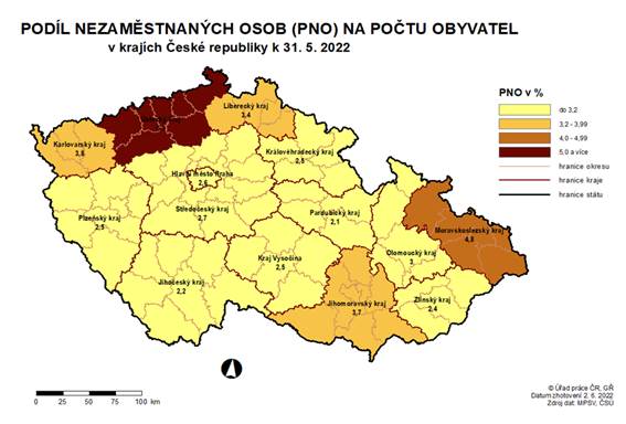 Podíl nezaměstnaných osob na počtu obyvatel v krajích ČR k 31. 5. 2022