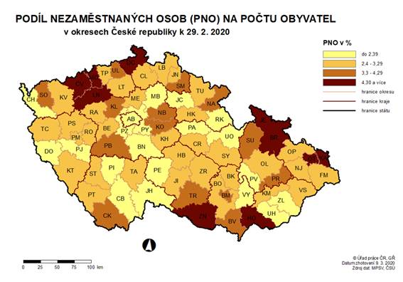 Podíl nezaměstnaných osob na počtu obyvatel v okresech ČR k 29. 2. 2020