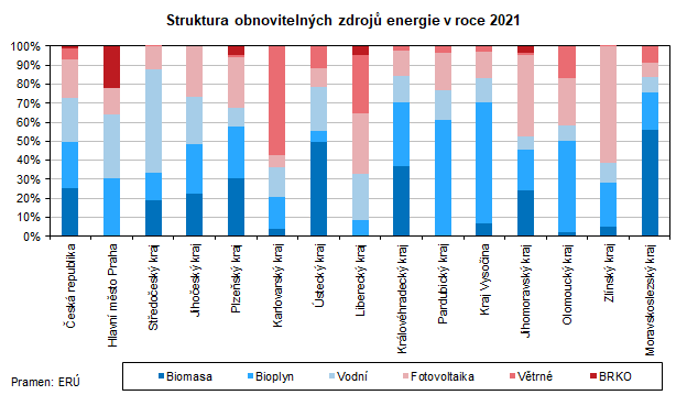 Struktura obnovitelných zdrojů energie v roce 2021
