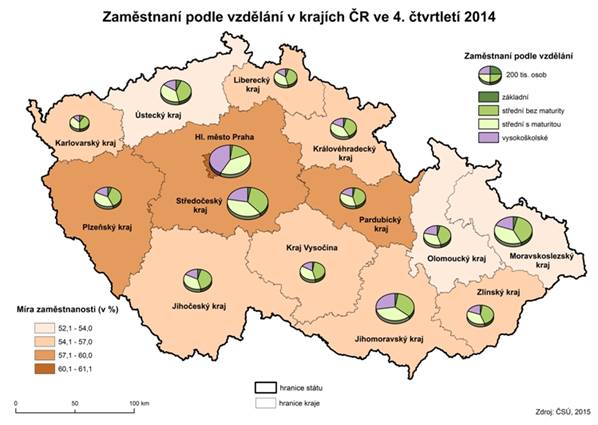 Kartogram: Zaměstnaní podle vzdělání v krajích ČR ve 4. čtvrtletí 2014