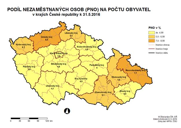 Podíl nezaměstnaných osob na počtu obyvatel v krajích ČR k 31. 5. 2016