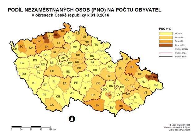 Podíl nezaměstnaných osob na počtu obyvatel v okresech ČR k 31. 8. 2016
