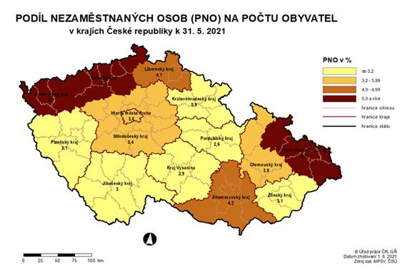 Podíl nezaměstnaných osob na počtu obyvatel v krajích ČR k 31. 5. 2021