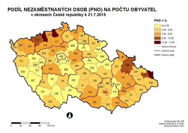 Podíl nezaměstnaných osob (PNO) na počtu obyvatel v okresech ČR k 31. 7. 2015