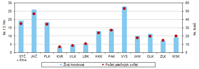 Graf 6 Výroba jatečného skotu podle krajů v roce 2023