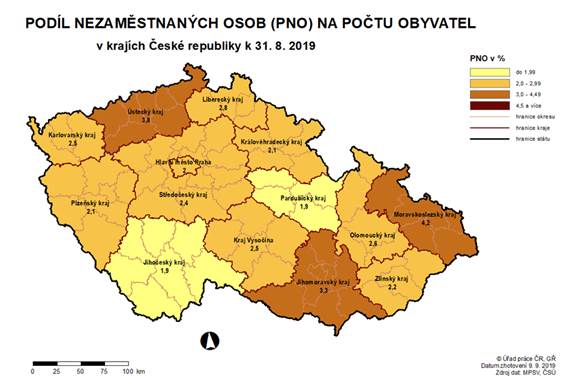Podíl nezaměstnaných osob na počtu obyvatel v krajích ČR k 31. 8. 2019