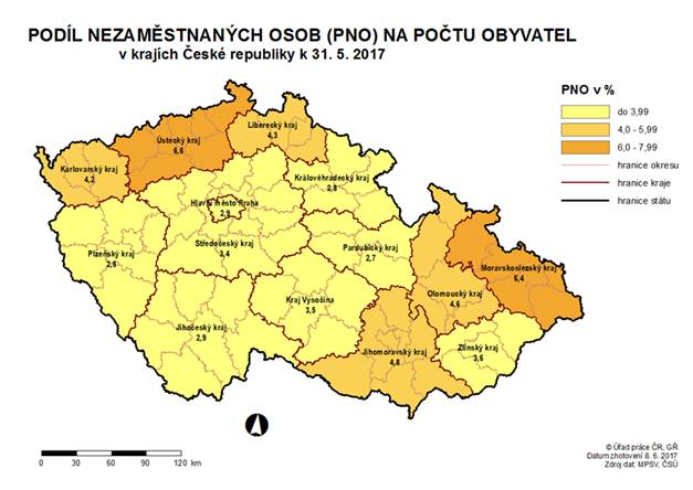 Podíl nezaměstnaných osob na počtu obyvatel v krajích ČR k 31. 5. 2017