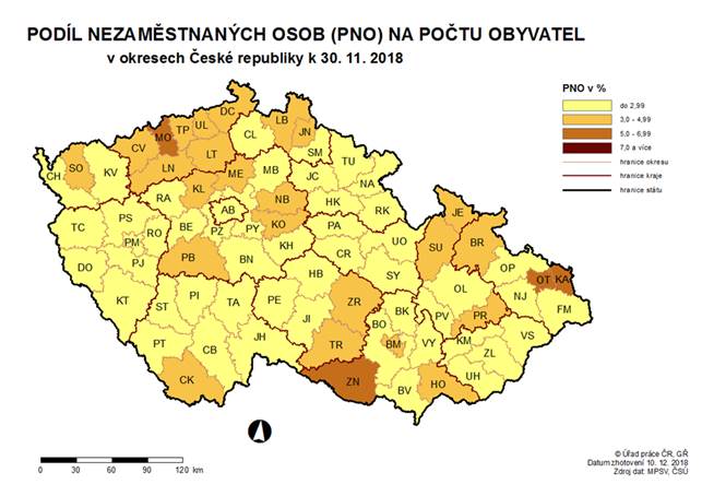 Podíl nezaměstnaných osob na počtu obyvatel v okresech ČR k 30. 11. 2018