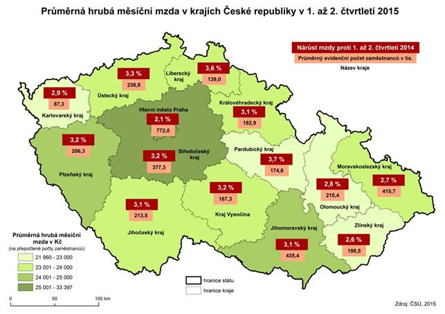 Kartogram: Průměrná hrubá měsíční mzda v krajích České republiky v 1. až 2. čtvrtletí 2015