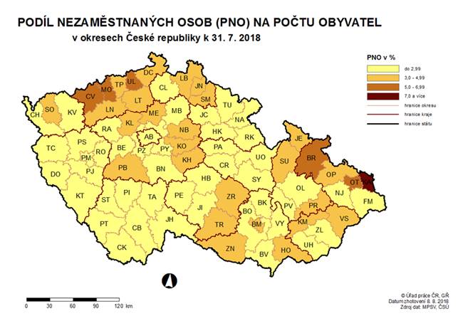 Podíl nezaměstnaných oosb na počtu obyvatel v okresech ČR k 31. 7. 2018