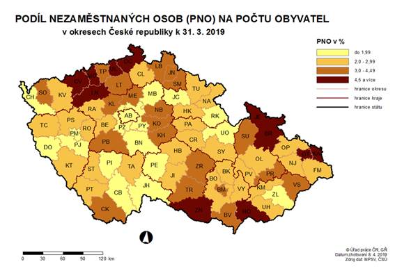Podíl nezaměstnaných osob na počtu obyvatel v okresech ČR k 31. 3. 2019
