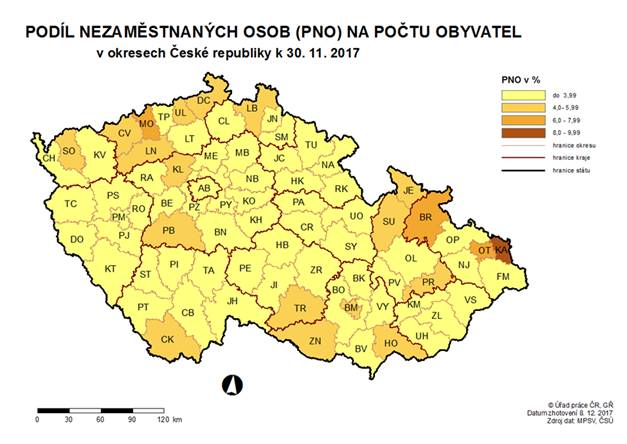 Podíl nezaměstnaných osob na počtu obyvatel vokresech ČR k 30. 11. 2017