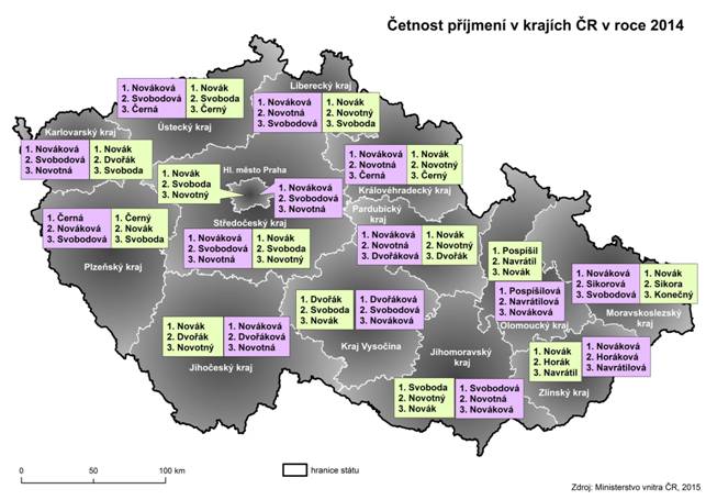 Kartogram: Četnost příjmení v krajích ČR v roce 2014