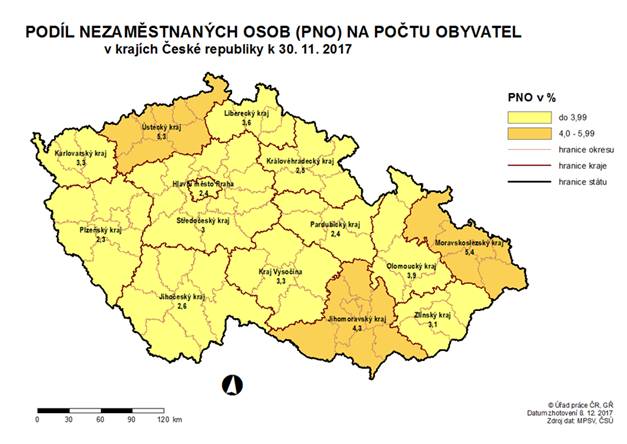 Podíl nezaměstnaných osob na počtu obyvatel v krajích ČR k 30. 11. 2017