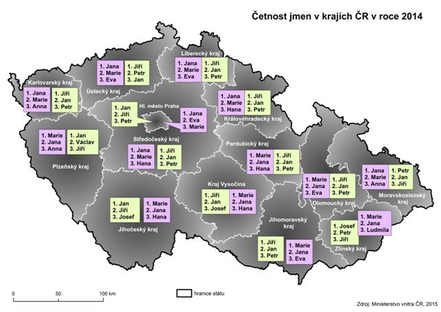 Kartogram: Četnost jmen v krajích ČR v roce 2014