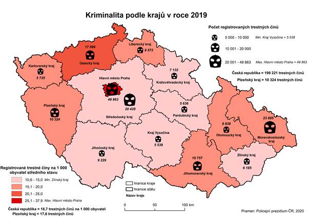 Kartogram: Kriminalita podle krajů v roce 2019
