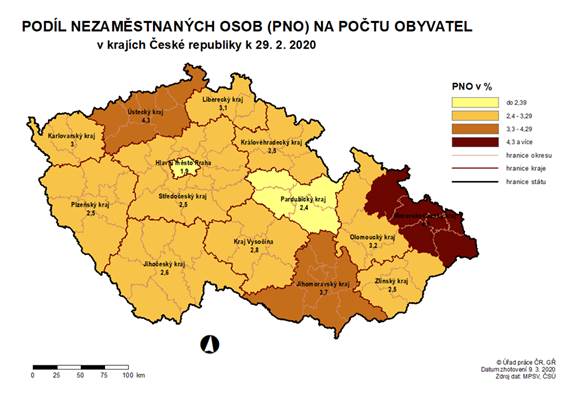 Podíl nezaměstnaných osob na počtu obyvatel v krajích ČR k 29. 2. 2020