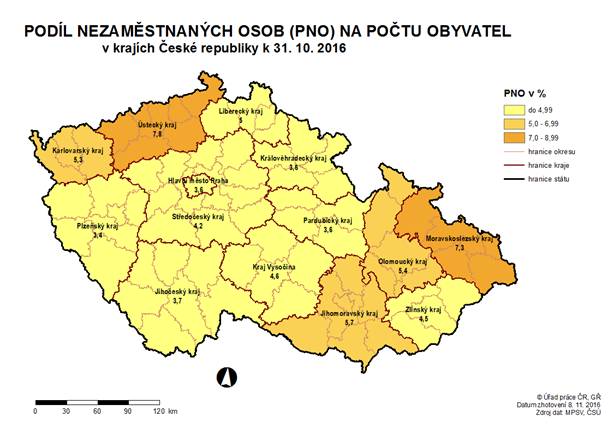 Podíl nezaměstnaných osob na počtu obyvatel v krajích ČR k 31.10.2016