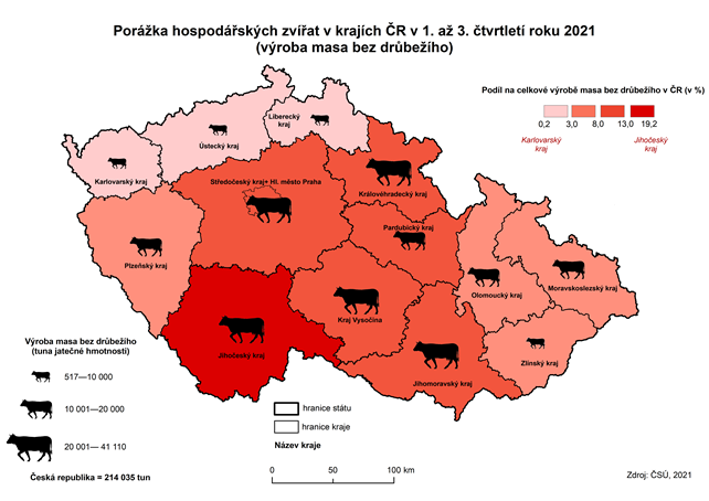 Kartogram: Porážka hospodářských zvířat v krajích ČR v 1. až 3. čtvrtletí roku 2021 (výroba masa bez drůbežího)