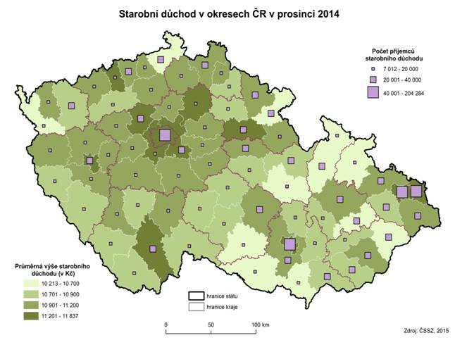 Kartodiagram: Starobní důchod v okresech ČR v prosinci 2014