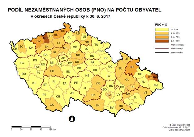 Podíl nezaměstnaných osob na počtu obyvatel v okresech ČR k 30. 6. 2017