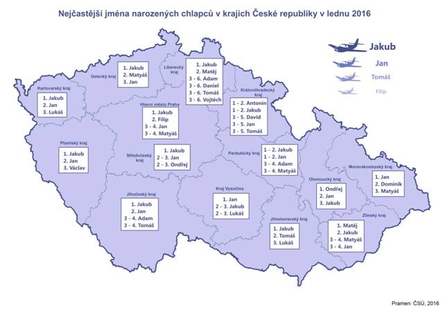 Kartogram: Nejčastější jména narozených chlapců v krajích České republiky v lednu 2016