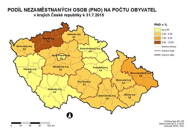 Podíl nezaměstnaných osob (PNO) na počtu obyvatel v krajích ČR k 31. 7. 2015
