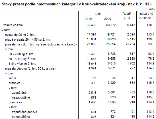 Tabulka: Stavy prasat podle hmotnostních kategorií v HKK (stav k 31. 12.)