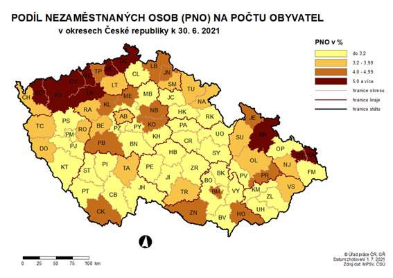 Podíl nezaměstnaných osob na počtu obyvatel v okresech ČR k 30. 6. 2021