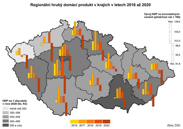 Kartogram: Regionální hrubý domácí produkt v krajích v letech 2016 až 2020