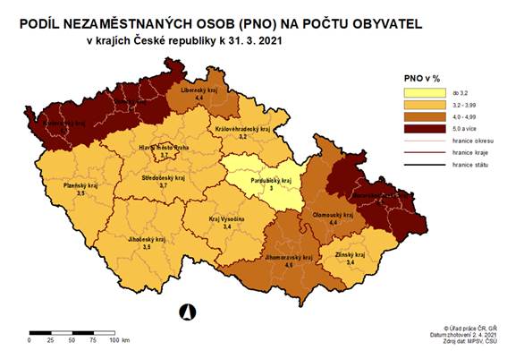 Podíl nezaměstnaných osob na počtu obyvatel v krajích ČR k 31. 3. 2021