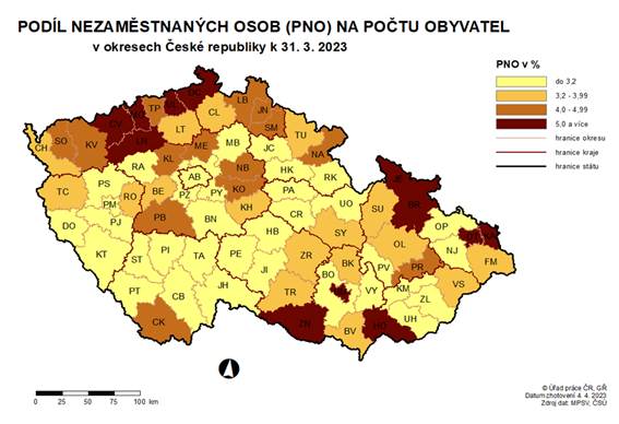 Podíl nezaměstnaných osob na počtu obyvatel v okresech ČR k 31. 3. 2023