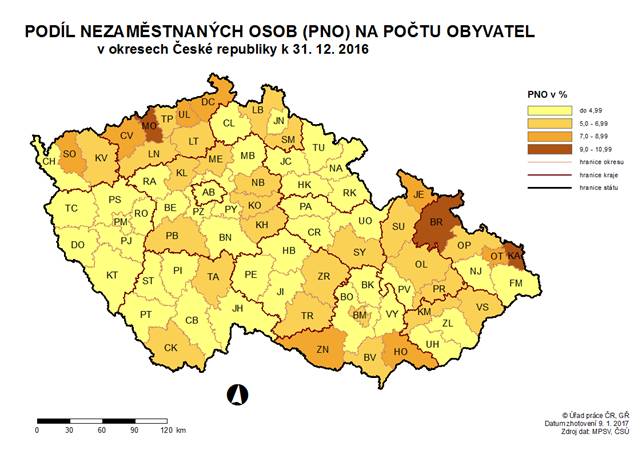 Podíl nezaměstnaných osob na počtu obyvatel v okresech ČR k 31. 12. 2016