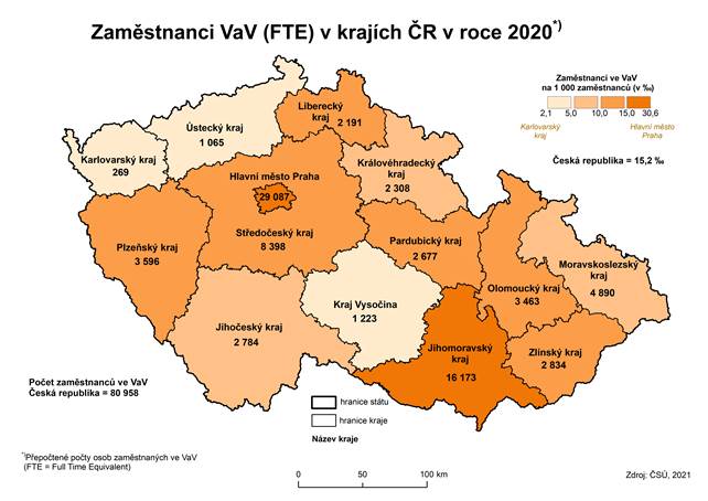 Kartogram: Zaměstnanci VaV (FTE) v krajích ČR v roce 2020