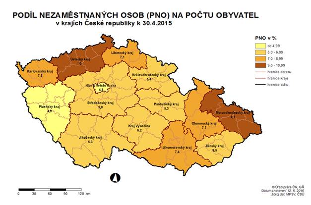 Podíl nezaměstnaných osob na počtu obyvatel v krajích ČR k 30. 4. 2015