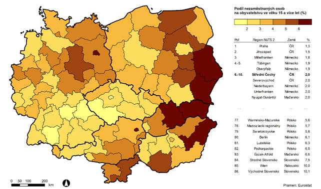 Nezaměstnanost v regionech střední Evropy (NUTS 2); 2018