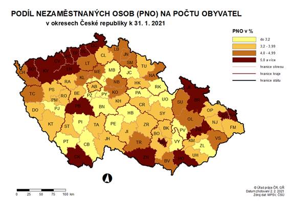 Podíl nezaměstnaných osob na počtu obyvatel v okresech ČR k 31. 1. 2021